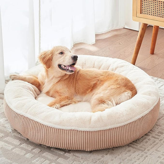36 inches Donut Dog Bed for Large Dogs - Calming Round Pet Bed with Removable&Washable Cover, Plush Faux Fur & Corduroy, Fits Pets up to 80 lbs(Brown,Large)