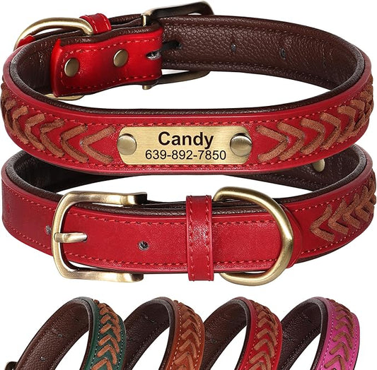 Personalized Dog Collars Custom Premium PU Leather Dog Collar with Name and Phone Number Engraved Name Plate for Medium Dogs Customized Customizable Adjustable Dog Collar, Red,M(11-14")