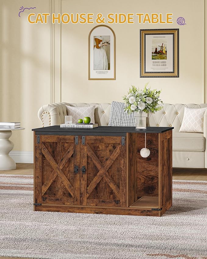 Cat Litter Box Enclosure, Hidden Litter Box Cabinet Furniture with Bell, Indoor Cats House, Farmhouse Style, 39.4 x 21.7X 24.8 Inches for Hallway, Bedroom, Rustic and Black CB85201X