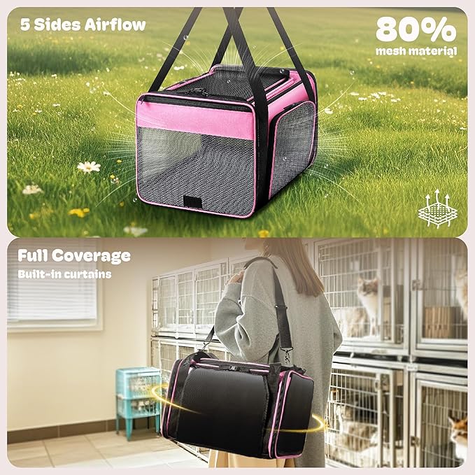 Top and 2 Sides Expandable Cat Carrier 18x11x11, TSA Airline Approved Dog Carriers for Medium Dogs, Soft-Sided Pet Carrier with Self-Locking Zippers for Kitten,Rabbit, Puppy, Guinea Pig Pink
