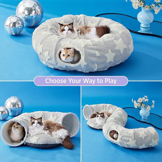 Lesure Cat Tunnel Bed for Indoor Cats - Cute Cat Donut Tunnel Toys for Small Large Cats with Washable Circle Cushion, Round Pet Peekaboo Cave Toy for Kitten/Puppy/Rabbit, Standard Galaxy Grey
