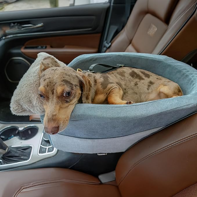 Center Console Dog Car Seat | 11 lbs MAX | Safety Straps & Leash | Comfortable Foam and Plush Pillows | Adjustable Mount Design | Large Storage Pockets | Perfect for Small Pets & Cats (Grey)