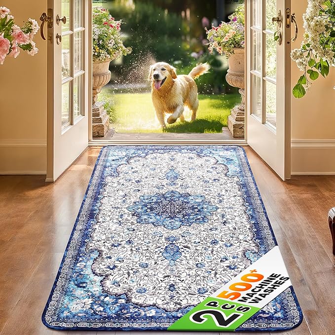 Hompet 2 Pack Super Absorbent Dog Door Mat for Muddy Paws, Washable Pee Pads for Dogs, Reusable Puppy Training Pads, Quick Dry Non-Slip Pet Entryway Rug, Leak-Proof Potty Pad for Indoor Floors 24x60