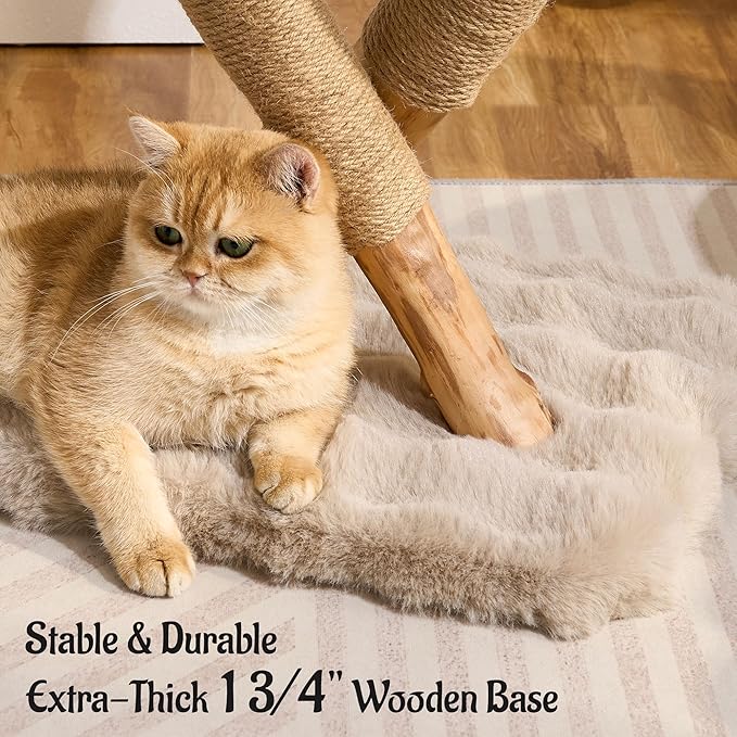 Natural Wood Cat Tree for Indoor Cats Adults, 33in Modern Cat Tree Tower with Super Soft Plush Cat Bed & Perch, Sisal Scratching Posts and Hanging Plush Ball, Soft Khaki