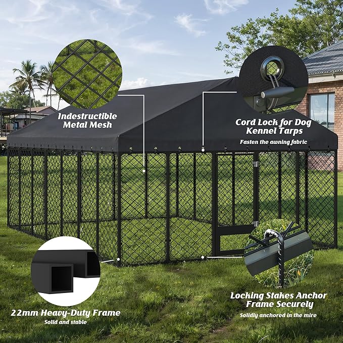 10x14FT Heavy Duty Outdoor Dog Kennel with Roof – Large Dog Enclosure & Weatherproof Dog House, Secure Metal Fence Playpen with Double Lock & Feeding Swivel Door for Big Dogs