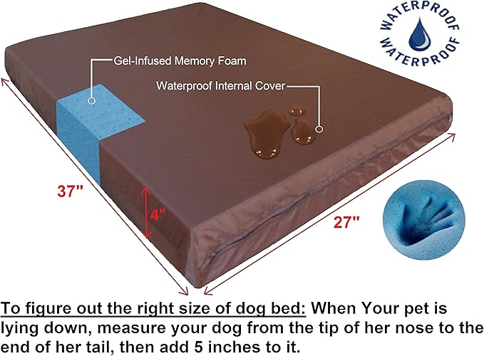 Dogbed4less Medium Large Orthopedic Gel Infused Memory Foam Dog Bed, Waterproof Liner and Washable Microsuede Brown Cover