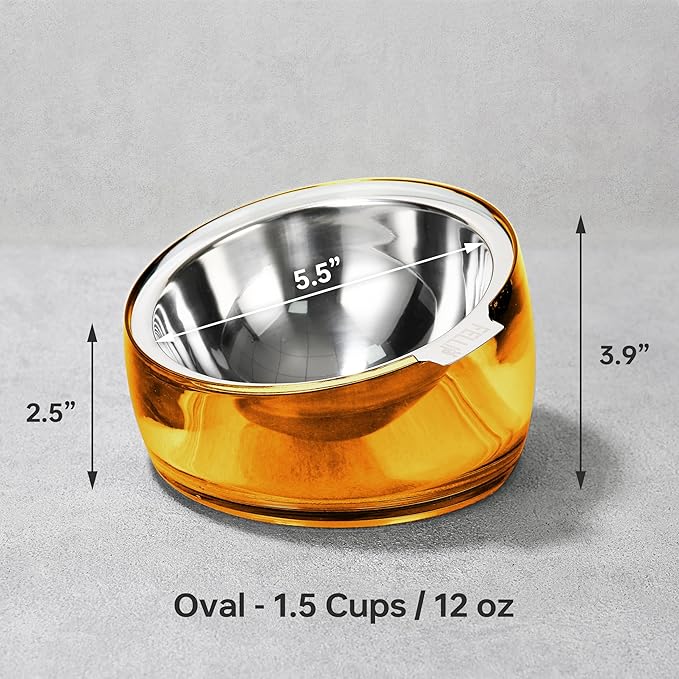 Felli Pet Oblik Acrylic Raised Dog Food Water Bowl Stainless Steel Slanted Oval Dish for Short Leg Puppy & Small Medium Pet, Elevated Tilted Metal Feeder Angled Plastic Spill Proof (1.5Cups, Gold)