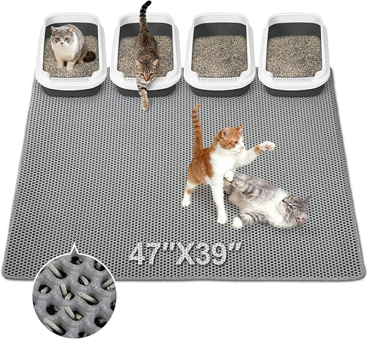Jumbo Cat Litter Mat (47" x 39"), Large, Double Layer, Waterproof, Non-Slip, Odor-Free, Easy to Clean, Gray