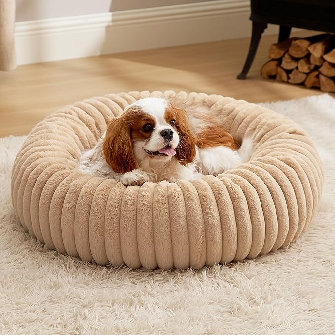 Bedsure Medium Dog Bed - Washable Faux Fur with Corduroy Fleece & Anti Slip Bottom, Round Pet Bed with Removable Cover, Sandy Beige, 30x30x8 inches