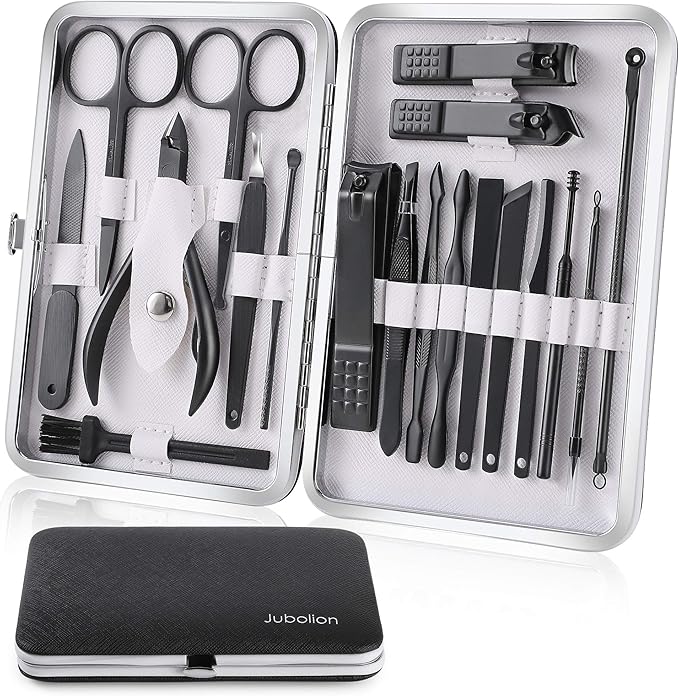 Manicure Set, Jubolion 19pcs Stainless Steel Professional Nail Clippers Pedicure Set with Black Leather Storage Case, Portable Grooming Kit for Travel or Home, Perfect Gifts Women and Men (Black)
