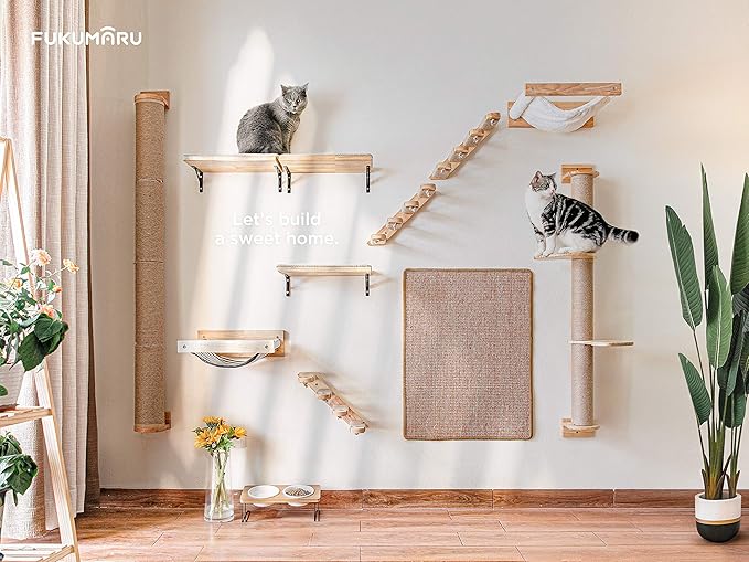 FUKUMARU Cat Climbing Shelf Wall Mounted, Four Step Cat Stairway with Jute Scratching for Kitten Perch Platform Walls Furniture - Right to Left