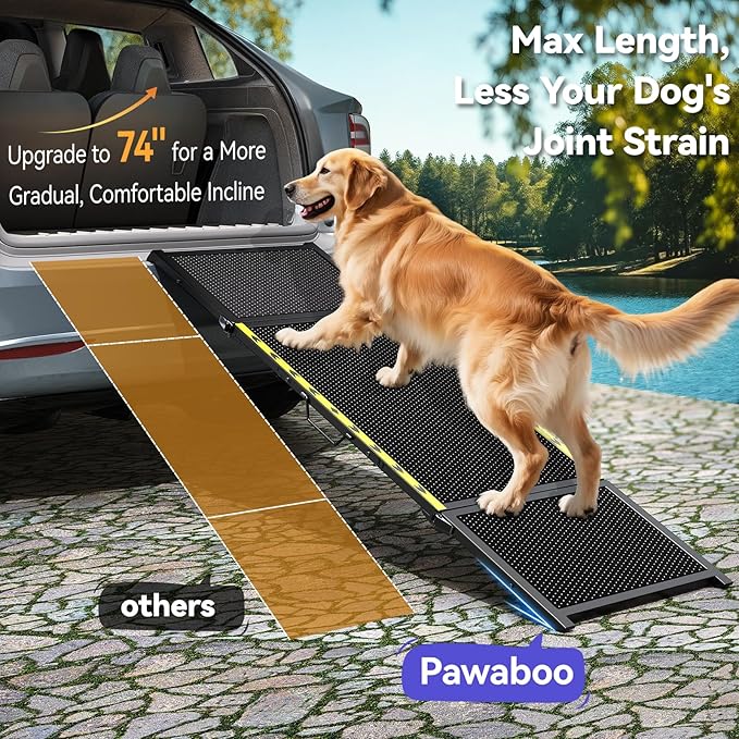 74'' L & 20'' W Longest Dog Ramp for Car - Extra Wide Portable Pet Dog Ramps for Large Dogs, Dogs Cars Ramp for Car SUV/Truck/RV/Bed, Lightweight Ramps with Non-Slip Mesh Up to 280LBS, Black