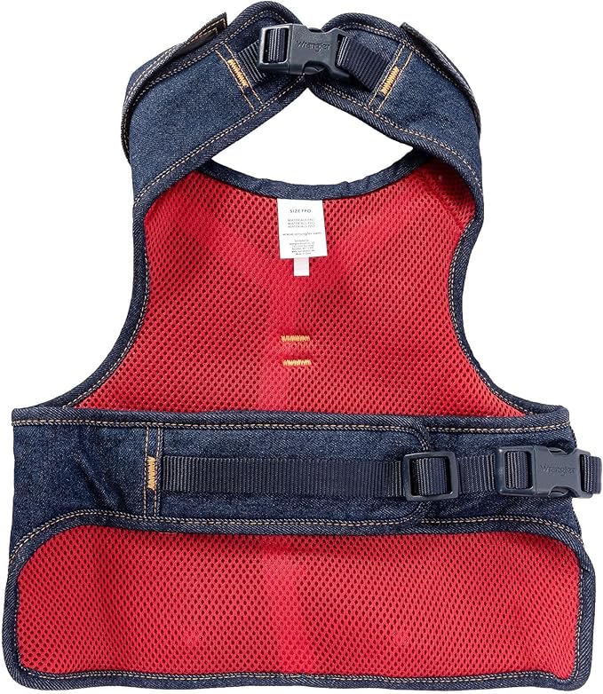 Wrangler Rope Denim Dog Vest Harness – Breathable Dog Vest with Mesh Lining - Machine Washable Dog Winter Jacket for Easy Cleaning, Layer Over Dog Sweater (Dark Wash, M)