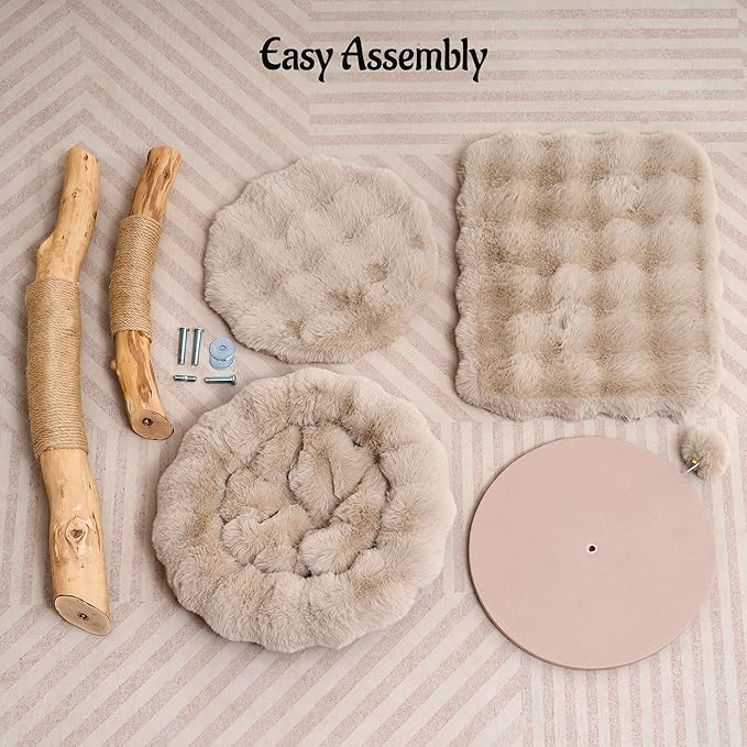 Natural Wood Cat Tree for Indoor Cats Adults, 33in Modern Cat Tree Tower with Super Soft Plush Cat Bed & Perch, Sisal Scratching Posts and Hanging Plush Ball, Soft Khaki