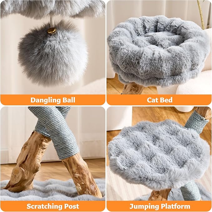 Cat Tree Modern Sturdy Solid Wood Cat Tower for Large Cat with Scratching Post for Indoor, Multifunctional Cat Tower with Cozy Bed and Platforms