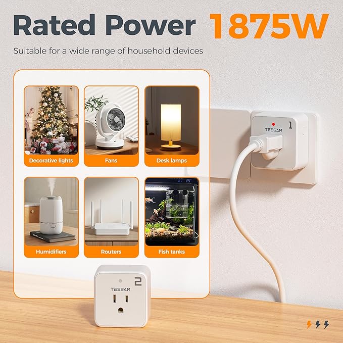 Remote Control Outlet Plug, TESSAN Wireless Light Switch Kit 100ft RF Range, On Off Switch for String Lights, Lamps, Small Appliances, Wireless Power Socket, 15A/1875W (1 Remote and 2 Outlets)