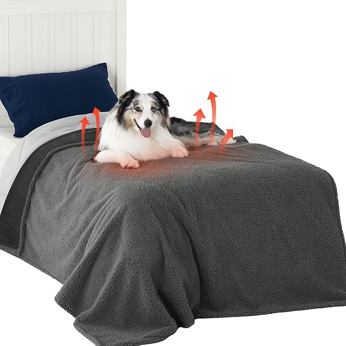 Bedsure Self Warming Blanket for Bed - Sherpa Fleece Waterproof Dog Blankets for Large Dogs, Pet Blankets for Bed/Couch/Dog Crate, Soft Plush Reversible Furniture Protector, Twin Size, 80"x60", Grey