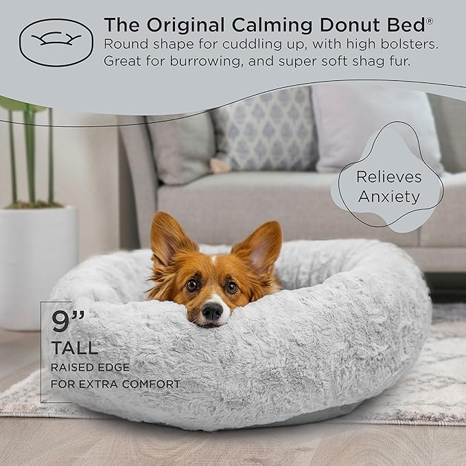 Best Friends by Sheri The Original Calming Donut Dog Bed – Washable Plush Pet Bed for Medium Breeds up to 45 lbs, Lux Faux Fur, Gray, Medium (30" x 30")