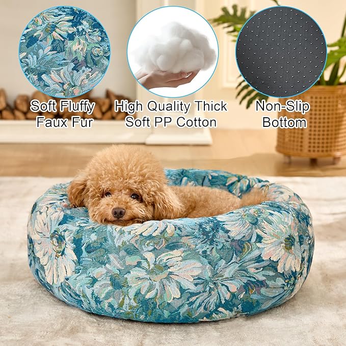 Dog Calming Beds for Small Medium Large Dogs - Round Donut Washable Puppy Dog Bed, Anti-Slip Faux Fur Fluffy Donut Cuddle Anxiety Cat Pet Bed (36" Flower)