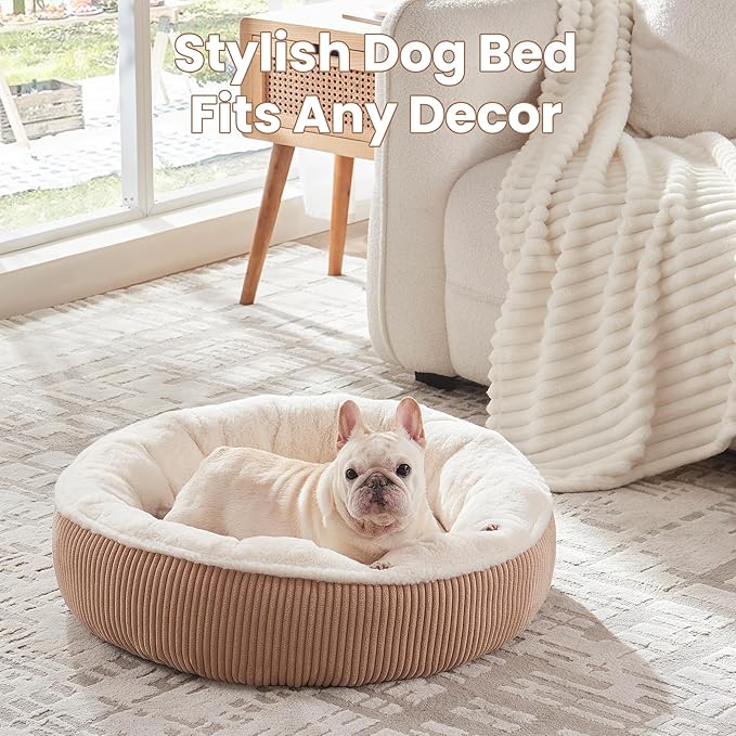 30 inches Donut Dog Bed for Medium Dogs,Calming Round Pet Bed with Removable & Washable Cover,Plush Faux Fur & Corduroy, Fits up to 30 lbs Pets(Brown,Medium)