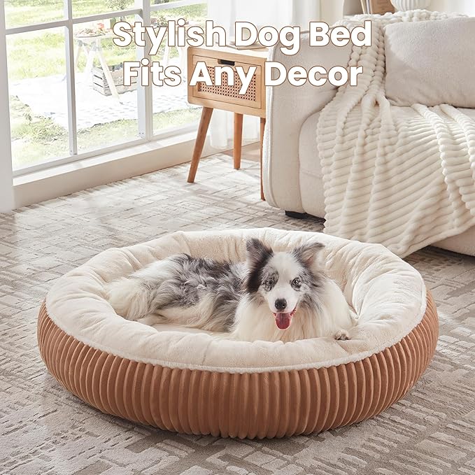 45 inches Donut Dog Bed for Extra Large Dogs,Calming Round Jumbo Pet Bed with Removable Cover, Washable Milk Plush Faux Fur, Fits Pets up to 100 lbs(Brown,XL)