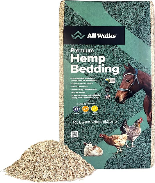 All Walks 150 Liter(30 lbs) Hemp Bedding for Chicken Coops, Hampters, Ducks, and Turkeys - 100% Natural, Superior Odor Control, Biodegradable Pet Bedding, Dust-Free - Made in USA