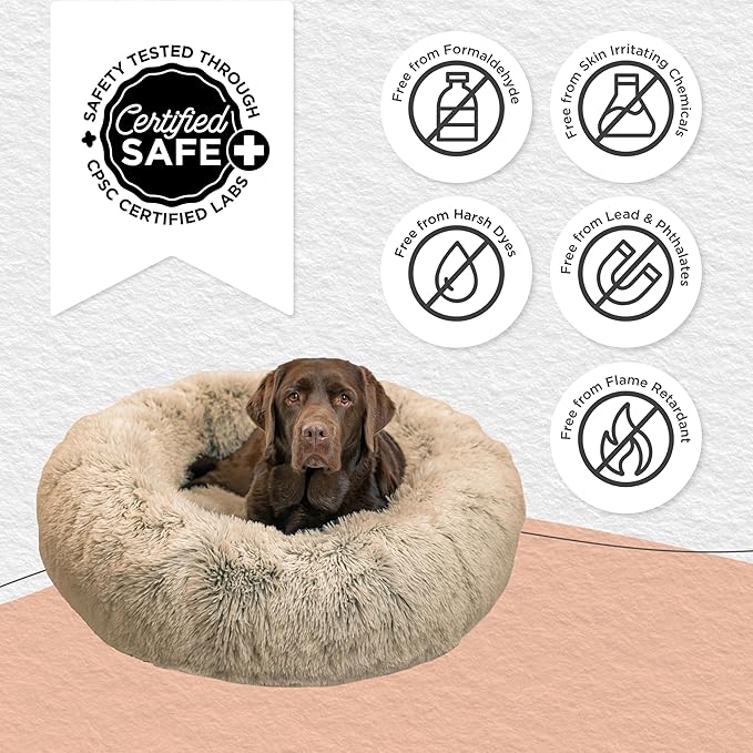 Best Friends by Sheri The Original Calming Donut Dog Bed – Washable Plush Pet Bed for Large Breeds up to 100 lbs, Shag Faux Fur, Taupe, Large (36" x 36")