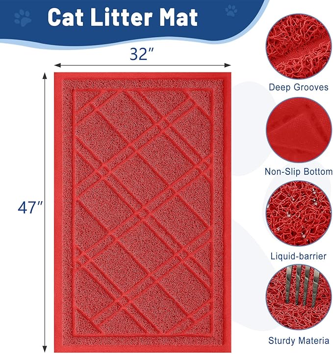 Smiry Cat Litter Box Mat 47x32, Non-Slip Water Resistant Litter Trapping Mat, Easy Clean Less Waste and Urine-Locking Cat Carpet for Indoor, Red