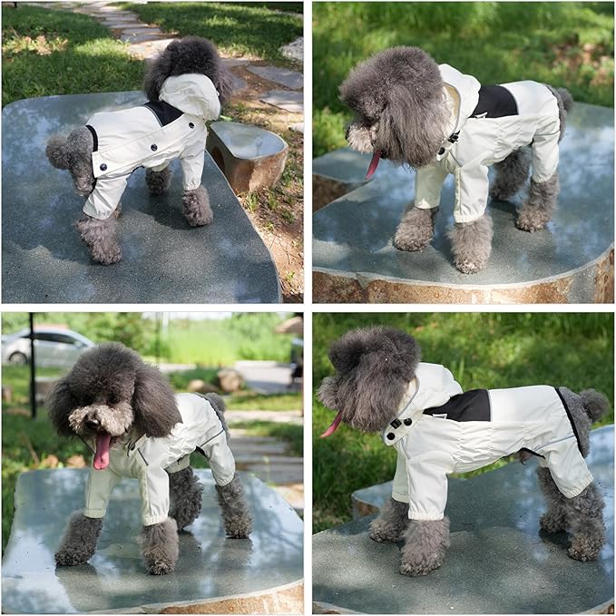 LOVELONGLONG Waterproof Dog Raincoat with Removable Hood – Outdoor Full Body Dog Jacket, Windproof Snowproof Shell Suit – All Season Pet Rain Gear Ivory S+