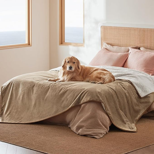 Bedsure Waterproof Blanket for Bed - Sherpa Fleece Waterproof Dog Blankets for Large Dogs, Pet Blankets for Bed/Couch/Dog Crate, Soft Plush Reversible Furniture Protector, Queen Size, 90"x86", Camel