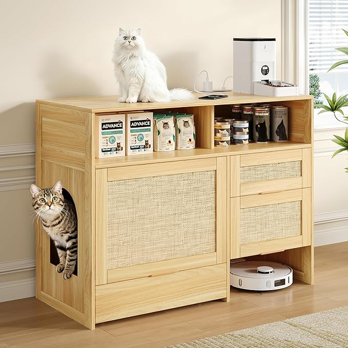 Cat Litter Box Enclosure Cabinet with Drawer, Hidden Litterbox Furniture with Storage, Boho Rattan Style Indoor Cat House Washroom, Fits Most of Litter Boxes