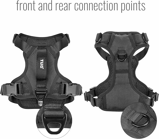 TUG Dog Harness with 2 Leash Connection Points | Adjustable, Padded, Lightweight | Handle on Back | No-Pull Front Clip (XL, Black)