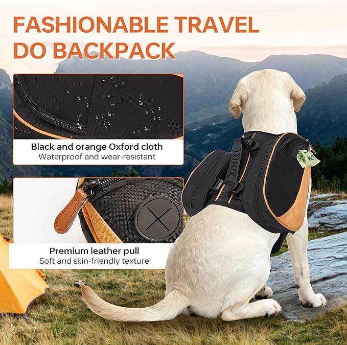Dog Backpack for Medium & Large Dogs, Detachable Side Bags, Quick-Poop Bag Dispenser | No-Pull Adjustable Harness for Large-Chested Breeds | Non-Slip Handle for Hiking, Walking, Outdoor Adventures（M）