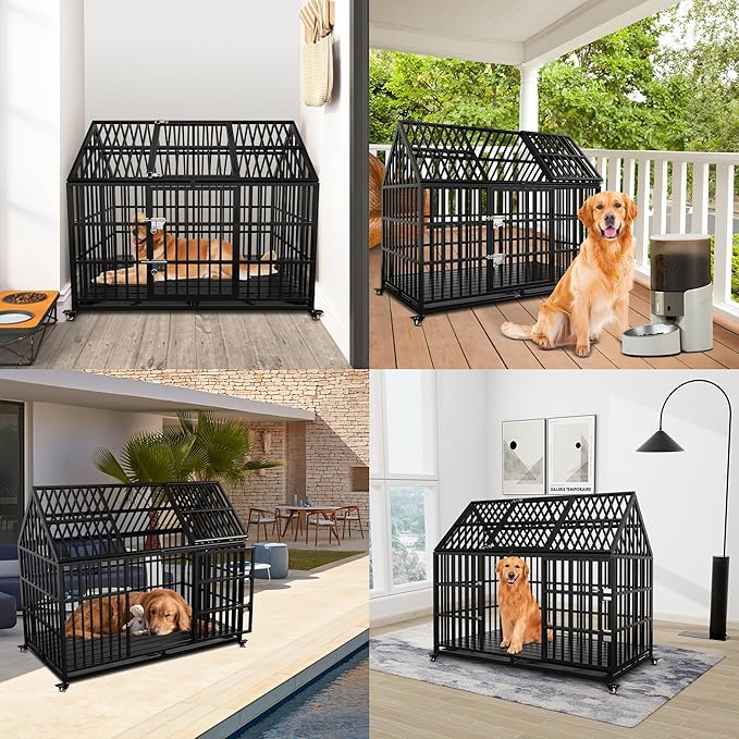 Heavy Duty Dog Crate 54 inch with Mat XL Large Pet Dog Cage Crate Kennel with Roof Top 2 Doors Removable Trays, Lockable Wheels Escape-Proof for High Anxiety Dogs (Black, 54 inch)