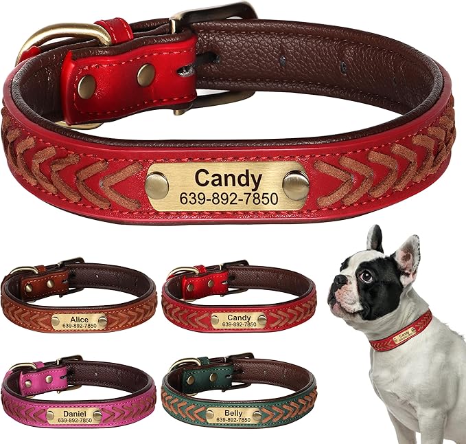 Personalized Dog Collars Custom Premium PU Leather Dog Collar with Name and Phone Number Engraved Name Plate for Medium Dogs Customized Customizable Adjustable Dog Collar, Red,M(11-14")