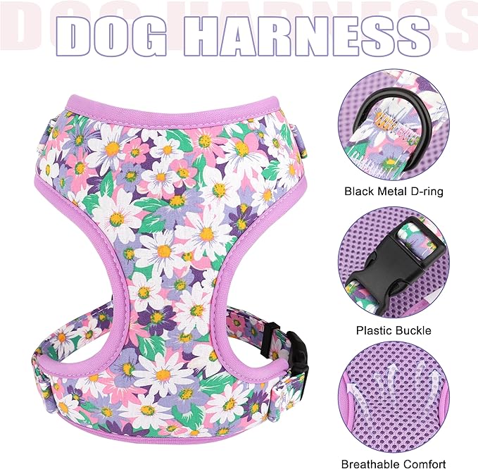 Beirui Cute Girl Dog Collars, Harnesses & Leashes Set - Adjustable Dog Collar and Leash Set with Flower - Soft Mesh Dog Vest Harness for Puppies Small Medium Dogs (Purple,M)
