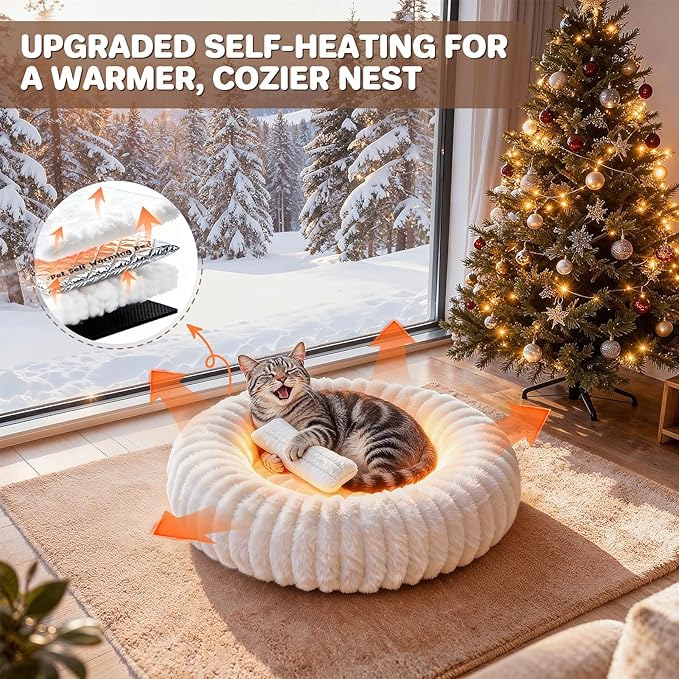 Self Warming Cat Bed, Donut Pet Bed for Indoor Cats and Small Dogs, Self-Heating Dog Bed with Non-Slip Bottom, Winter Comfort Dog Beds for Puppies, Washable & Portable Egg Tart Shape (S)