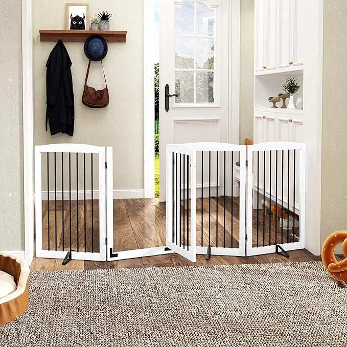 Freestanding Dog Gates with Door Walk Through, 80 inch Wide Gates Indoor, Dog Fences Indoor, Support Feet Included, 4 Panels, 32" Tall, White & Black