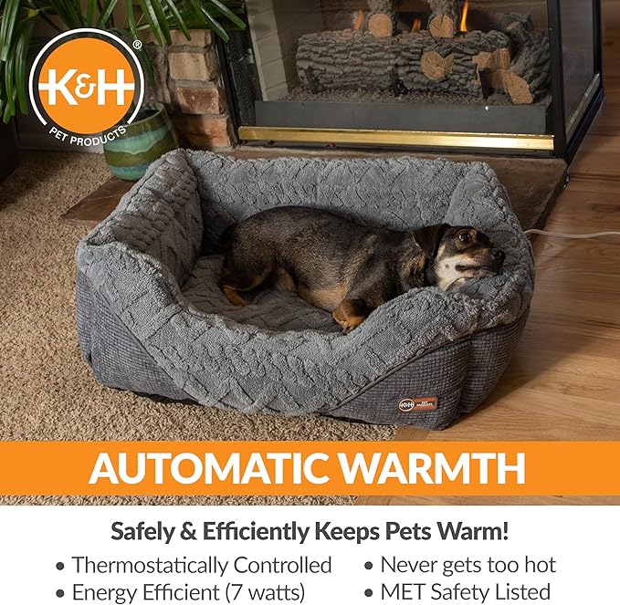 K&H Pet Products Thermo-Pet Lounge Sleeper Indoor Heated Pet Bed for Dogs & Cats, Bolstered Warm Calming Pillow Bed for Multiple or Large Cats, Machine Washable, Safety Listed - Medium 30.5 X 24.5in