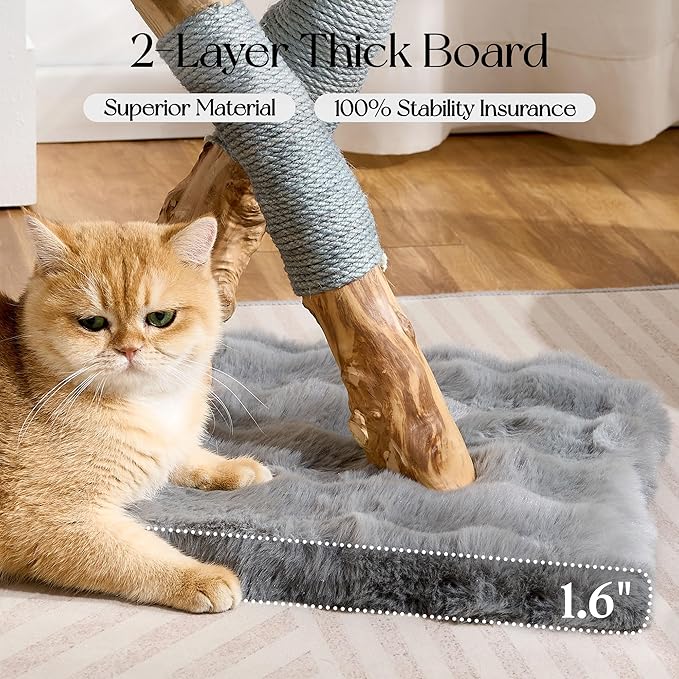 Solid Wood Cat Tree, Modern Cat Tree Tower for Large Indoor Cats, Natural Real Pear Wooden Aesthetic Cat Condo with Scratching Post for Adult Kittens-Grey