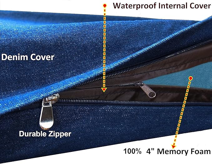 Dogbed4less Extra Large Orthopedic Memory Foam Dog Bed for Large Dogs with Durable Waterproof Internal Case, Removable Washable Denim Cover and Bonus Pet Bed Cover, 47X29X4 Fits 48X30 Dog Crate, Blue
