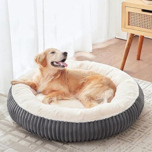 36 inches Donut Dog Bed for Large Dogs - Calming Round Pet Bed with Removable Cover,Washable Milk Plush Faux Fur, Fits Pets up to 80 lbs(Dark Grey,Large)