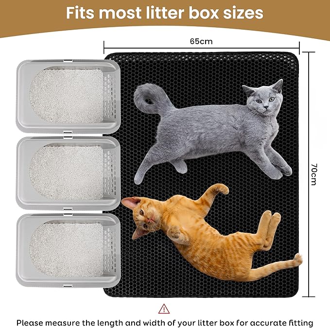 Cat Litter Mat 30x24 Inches, Honeycomb Double Layer Traps Litter & Waterproof Leatherette Bottom Prevents Urine Leaks, Durable & Easy Clean Pet Floor Protector for Cat Litter Box Area（Black）