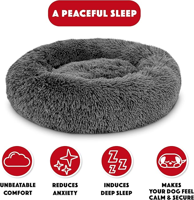 The Dog’s Bed Sound Sleep Donut Dog Bed, Small Dark Grey Fur Calming Nest Bed, Veterinary Approved