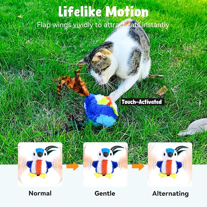 Cat Toys Flapping Bird, Interactive Catnip Cat Toy with Touch/Timed Automatic Activate, Multi Functions Parrot Toy, Lifelike 4 Animal Sounds, Rechargeable Kicker Exercise Toys for All Breeds