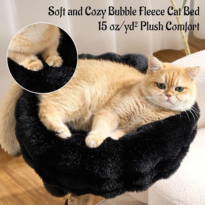 Natural Wood Cat Tree for Indoor Cats Adults, 33in Modern Cat Tree Tower with Super Soft Plush Cat Bed & Perch, Sisal Scratching Posts and Hanging Plush Ball, Sheen Black