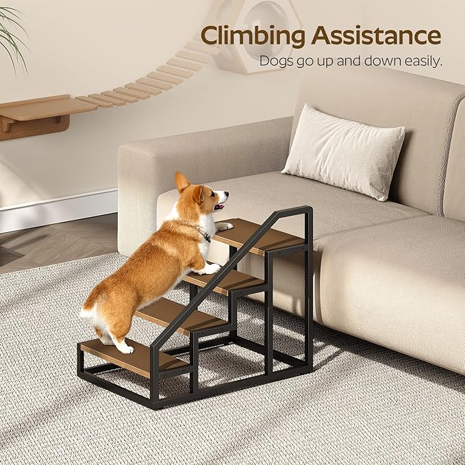 Dog Stairs for Small Dogs, 4-Steps Dog Steps for High Beds and Couch, 20.5”H Pet Steps with Non-Slip, Brown and Black LT01BV