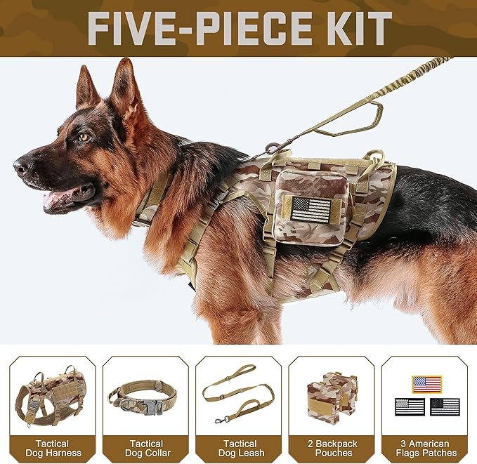 Forestpaw Tactical Dog Harness Tactical Dog Collar with Bungee Leash Set,No Pull Military Dog Harness for Walking Training,Adjustable for Medium Large Dogs,Camouflage Brown,Chest 15.5-25.5"