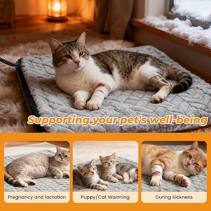 PatiencET Heated Cat Pad 18"x18" – Cat Heating Pad with 6-Temp & 5-Timer, Chew-Proof Steel Cord, Washable Warming Mat for Kittens, Small Dogs, Crate & Sofa