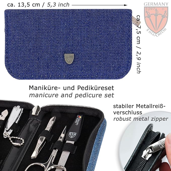 3 Swords Germany - brand quality 6 piece manicure pedicure grooming kit set for nail care with textile case jeans blue Made in Germany